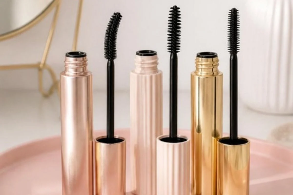 Drugstore mascara tubes with wands on a pink vanity tray
