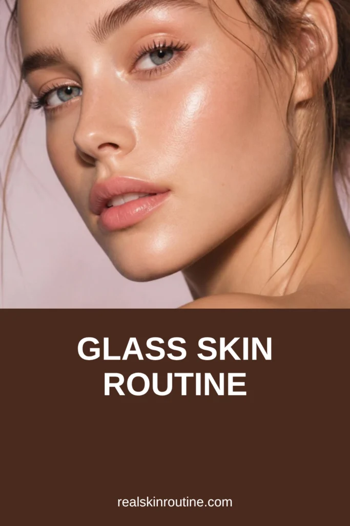 Close-up of dewy, glowing skin with a soft glossy finish, pin for glass skin