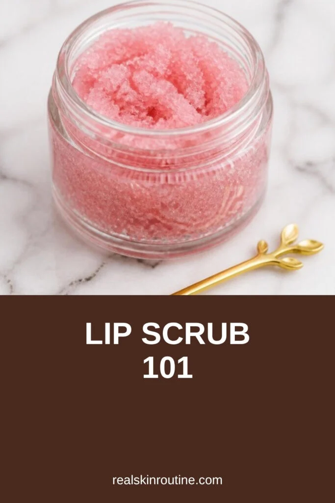 Small pot of pink sugar lip scrub with a tiny spoon on white marble, pin for lip scrub