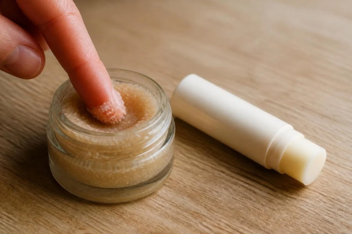 Fingertip dipping into a small jar of lip scrub next to a tube of lip balm