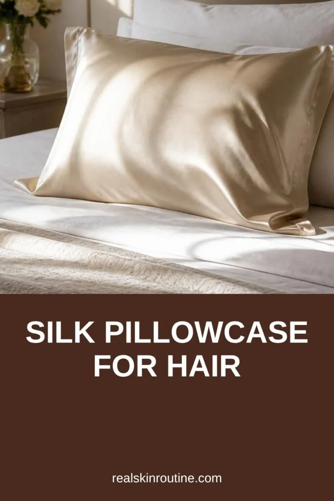 Champagne silk pillowcase on a made bed with morning light, pin for silk pillowcase for hair