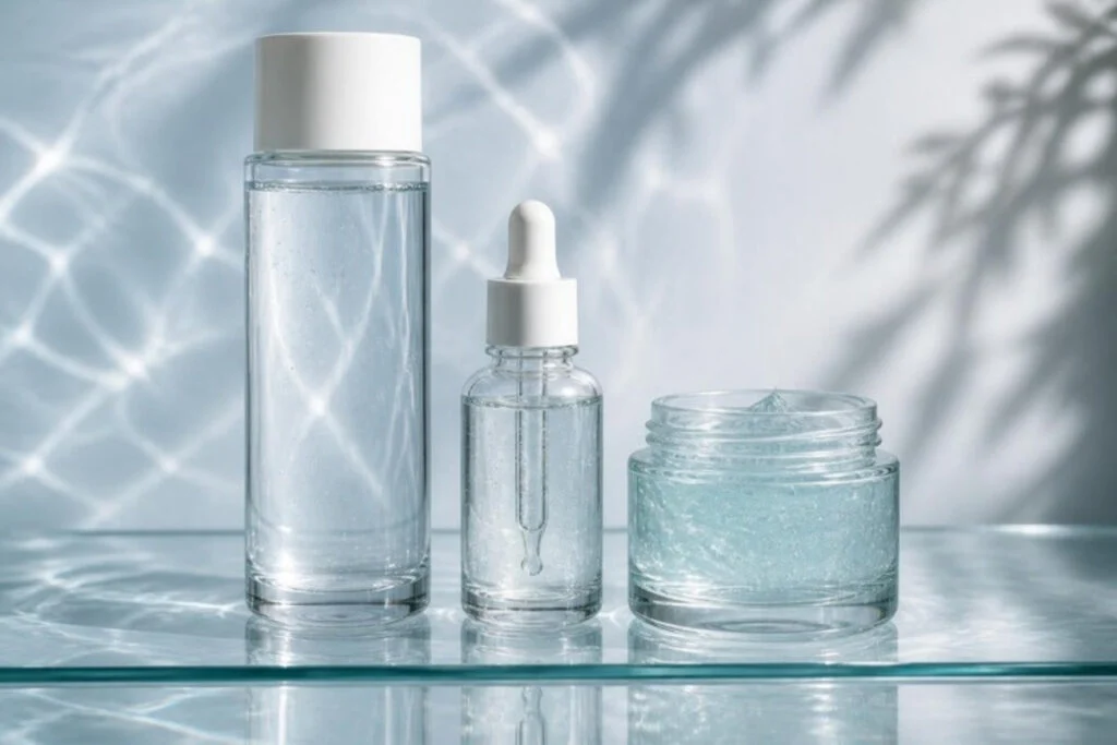 Glass skin routine bottles of toner, serum and gel moisturizer on a glass shelf with soft reflections