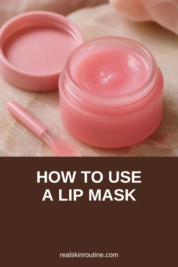 Small pink pot of lip balm mask with a silicone spatula on pink stone, pin for lip mask
