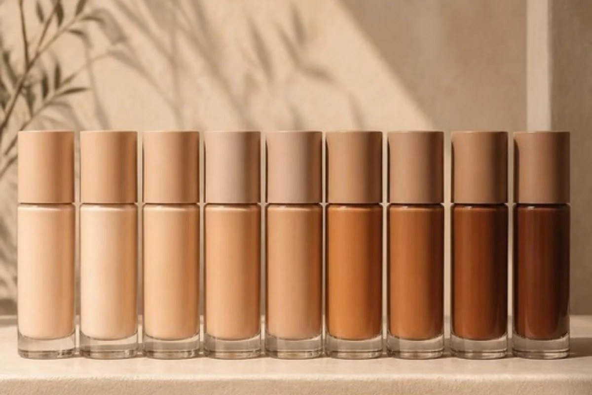 OTC foundation bottles in light to deep shades on a beige shelf