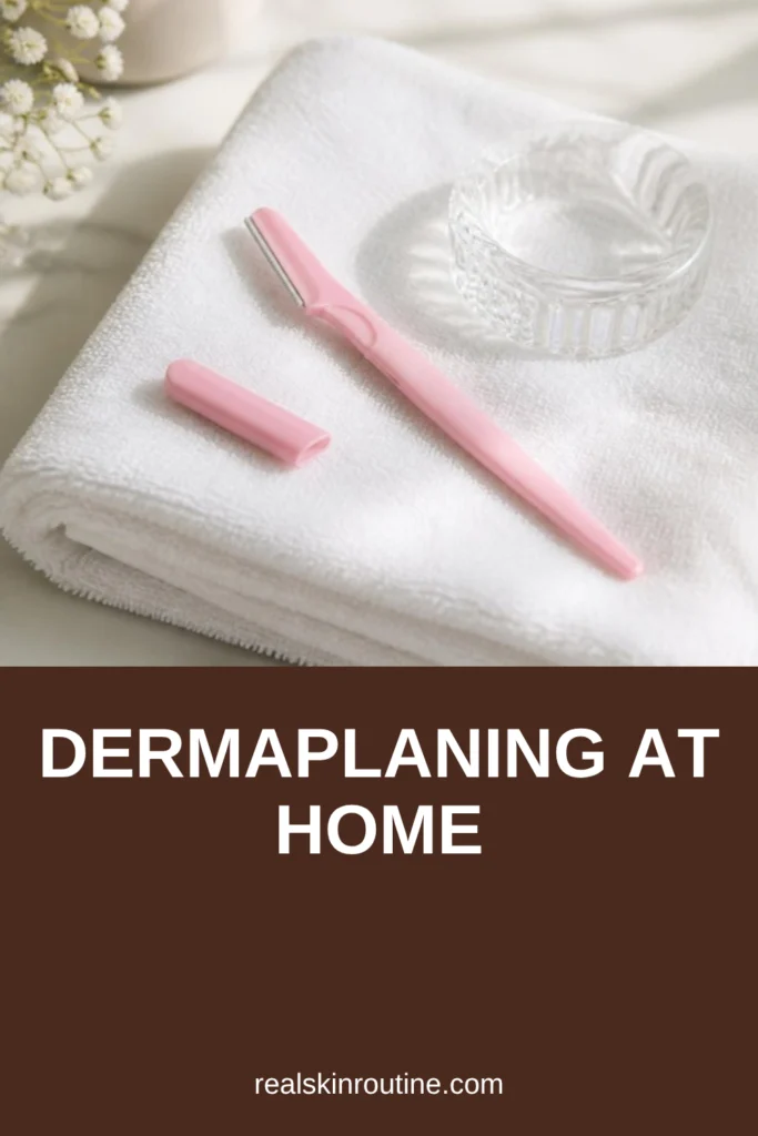 Pink facial dermaplaning razor on a white towel beside a small glass dish, pin for dermaplaning at home