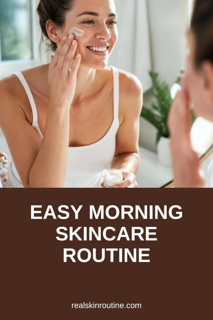 Woman smiling in a bright bathroom mirror while applying moisturizer, pin for morning skincare routine