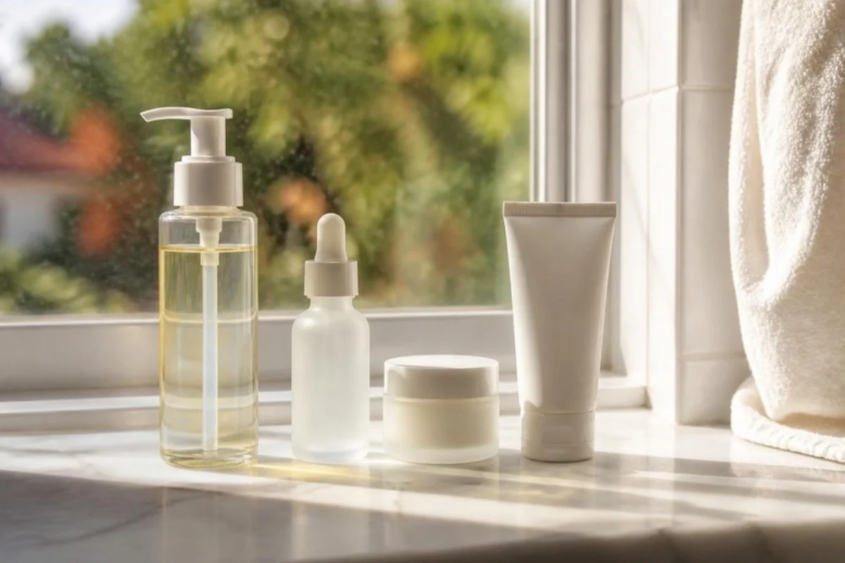 Morning skincare routine products lined up by a sunny bathroom window