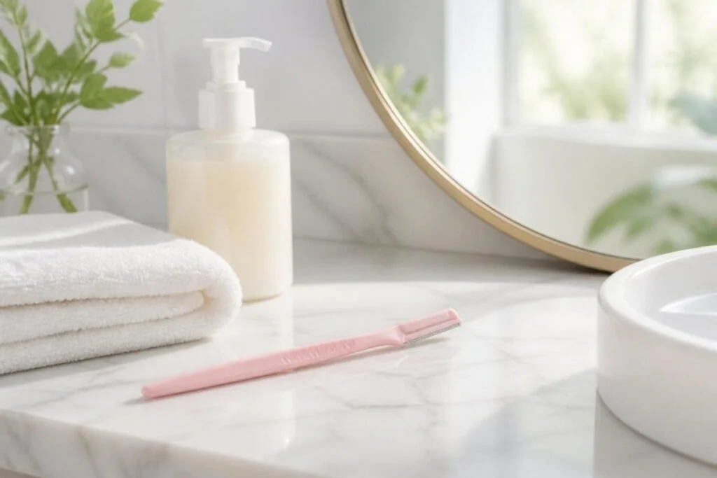 Pink facial razor for dermaplaning at home on a bright bathroom vanity