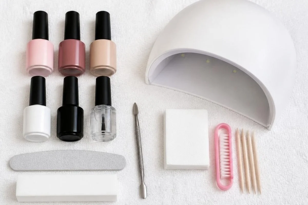 Beginner kit for gel nails at home with polishes, file, buffer, cuticle pusher and lamp on a white towel