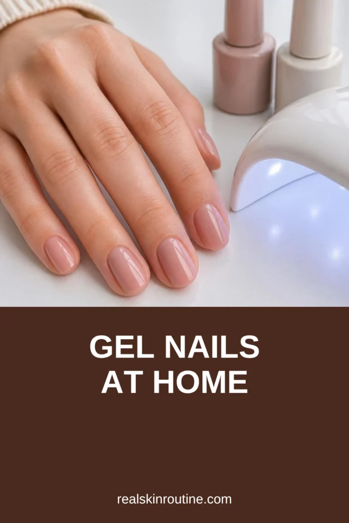 Hand with a glossy nude pink gel manicure beside polish bottles and a lamp, pin for gel nails at home