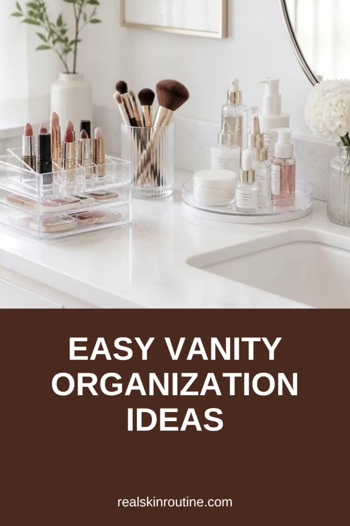 Tidy vanity with clear acrylic organizers holding makeup and skincare, pin for vanity organization