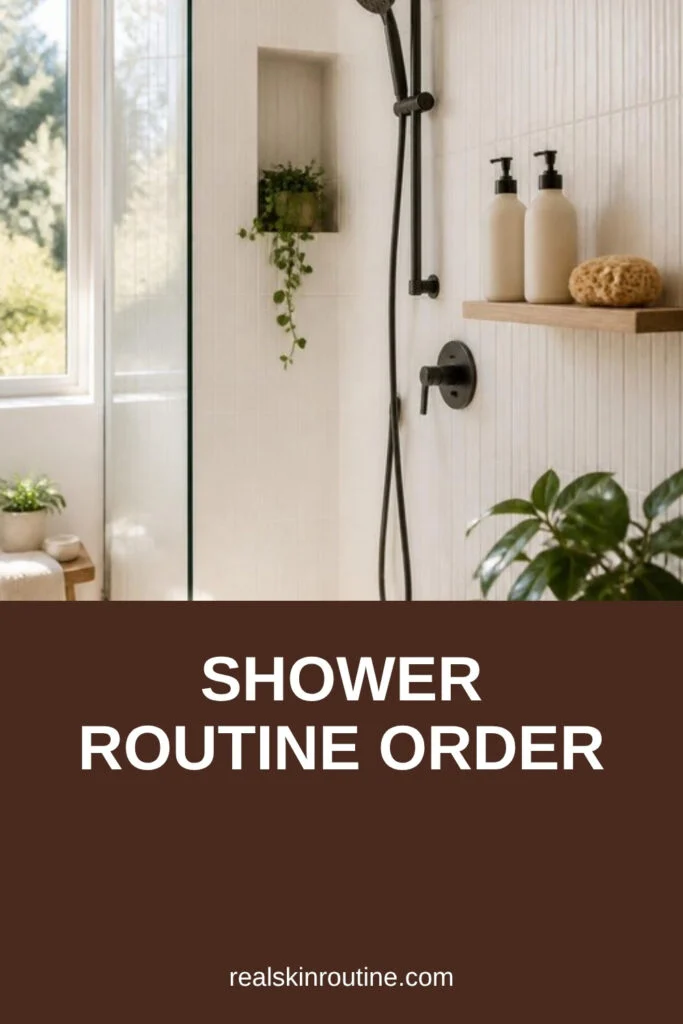 Bright shower with body wash, shampoo and a loofah on a wooden shelf, pin for shower routine