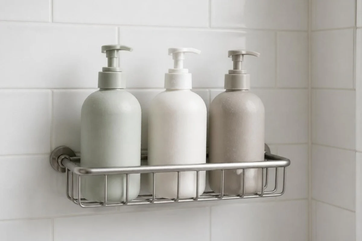 Shower routine bottles neatly arranged on a shower caddy