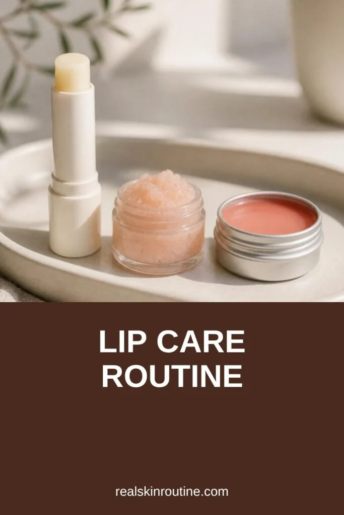 Lip balm, lip scrub jar and lip mask tin in a row on a cream tray, pin for lip care routine