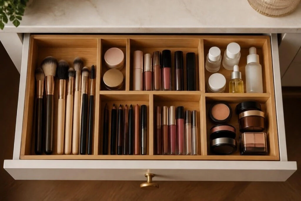Vanity organization drawer with dividers holding brushes, lipsticks and skincare bottles