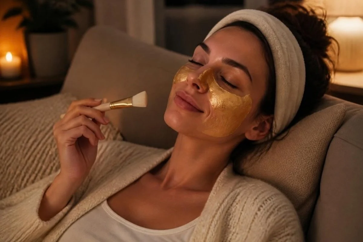 Relaxed woman lying back on a couch wearing a honey face mask and holding a mask brush