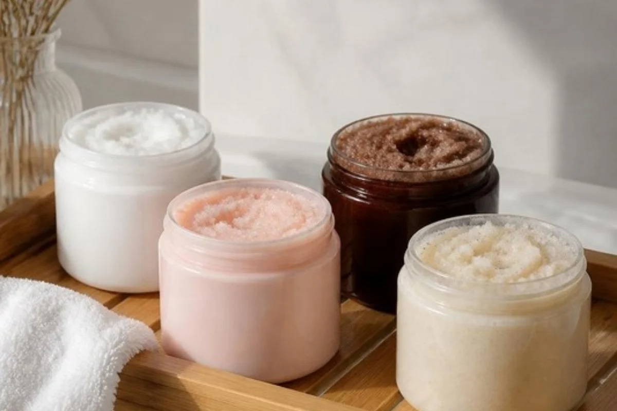 Best body scrub jars in four textures on a wooden bath tray
