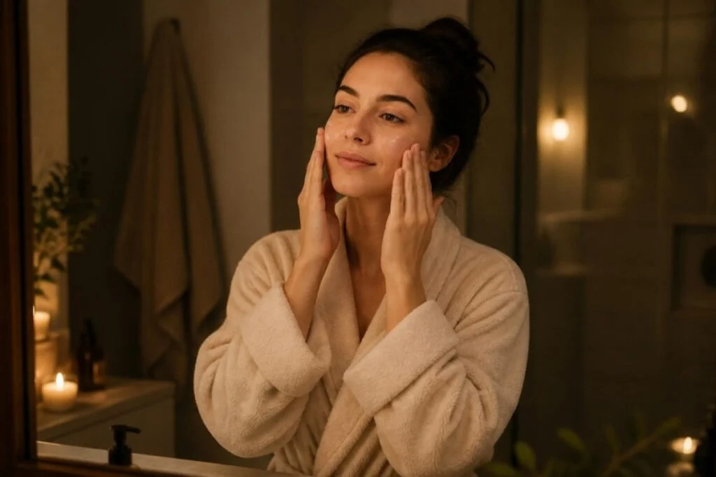 Woman patting moisturizer onto her face as the last step of a night skincare routine