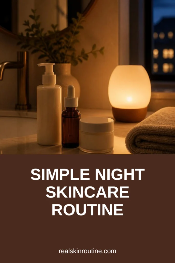 Nighttime vanity with cleanser, serum and moisturizer by a warm lamp, pin for night skincare routine