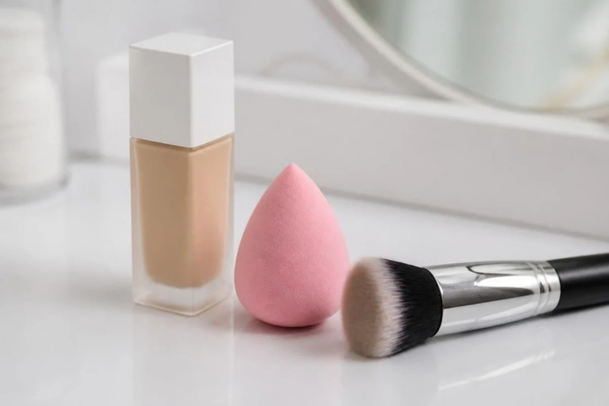 Tools for how to apply foundation: bottle, makeup sponge and brush on a white vanity