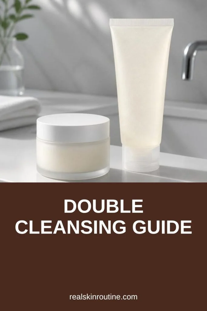 Cleansing balm and gel cleanser side by side on a bathroom sink, pin for double cleansing