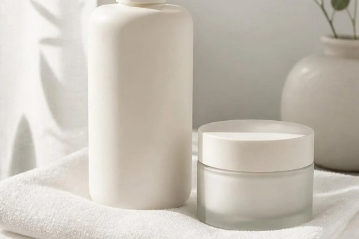 Lotion for dry skin: a pump bottle and cream jar on a white towel