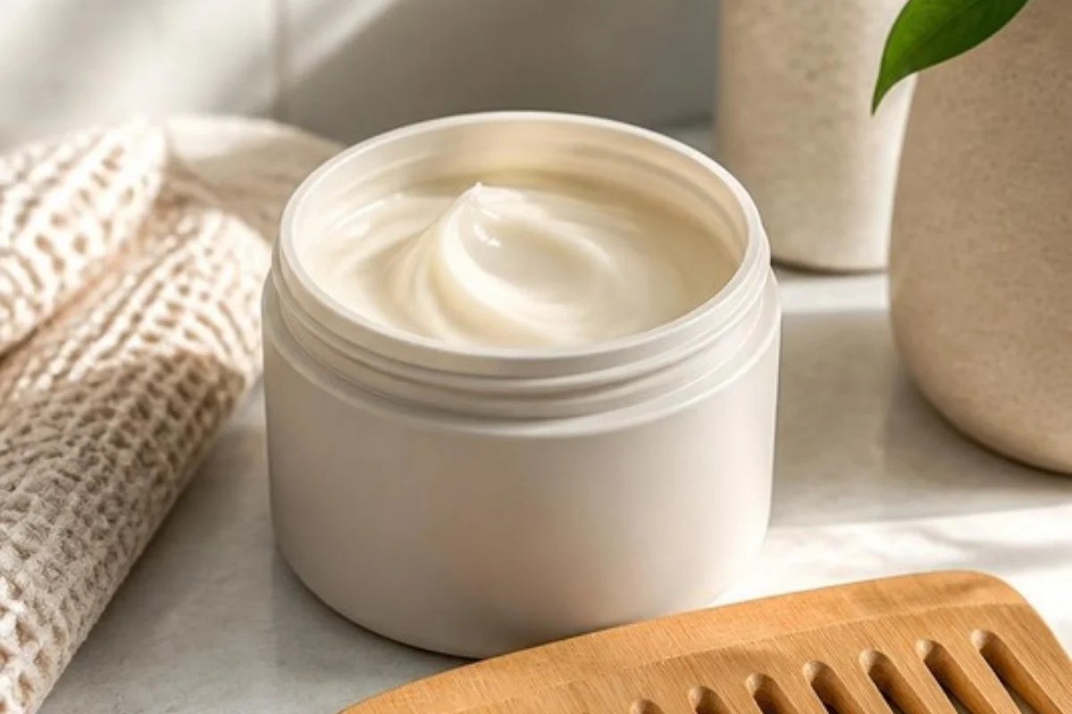 Dry hair mask jar beside a wooden wide-tooth comb