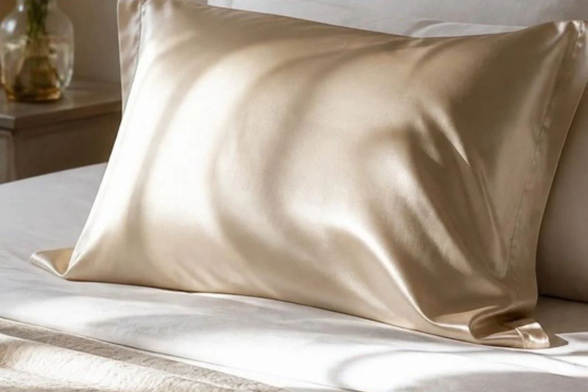 Silk pillowcase for hair in a soft champagne shade on a neatly made bed