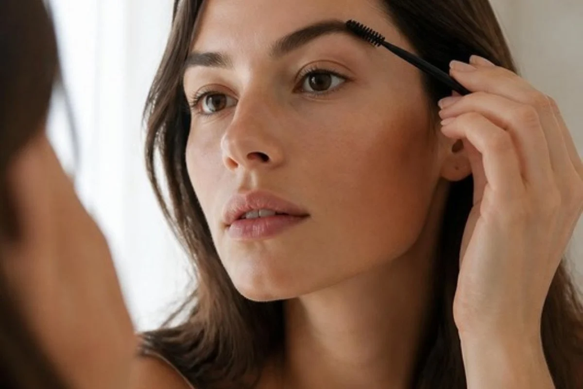 Woman brushing her brows up with a spoolie before eyebrow shaping