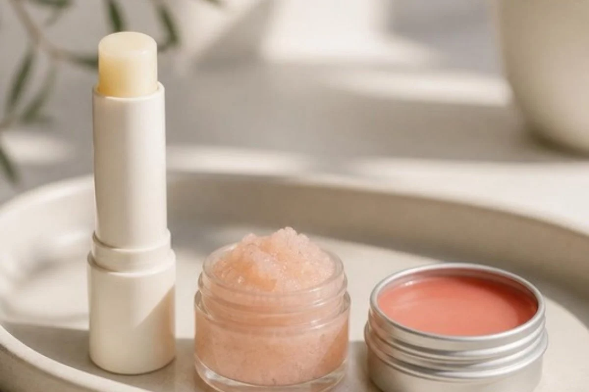 Lip care routine products: balm, scrub and tinted balm tin on a tray