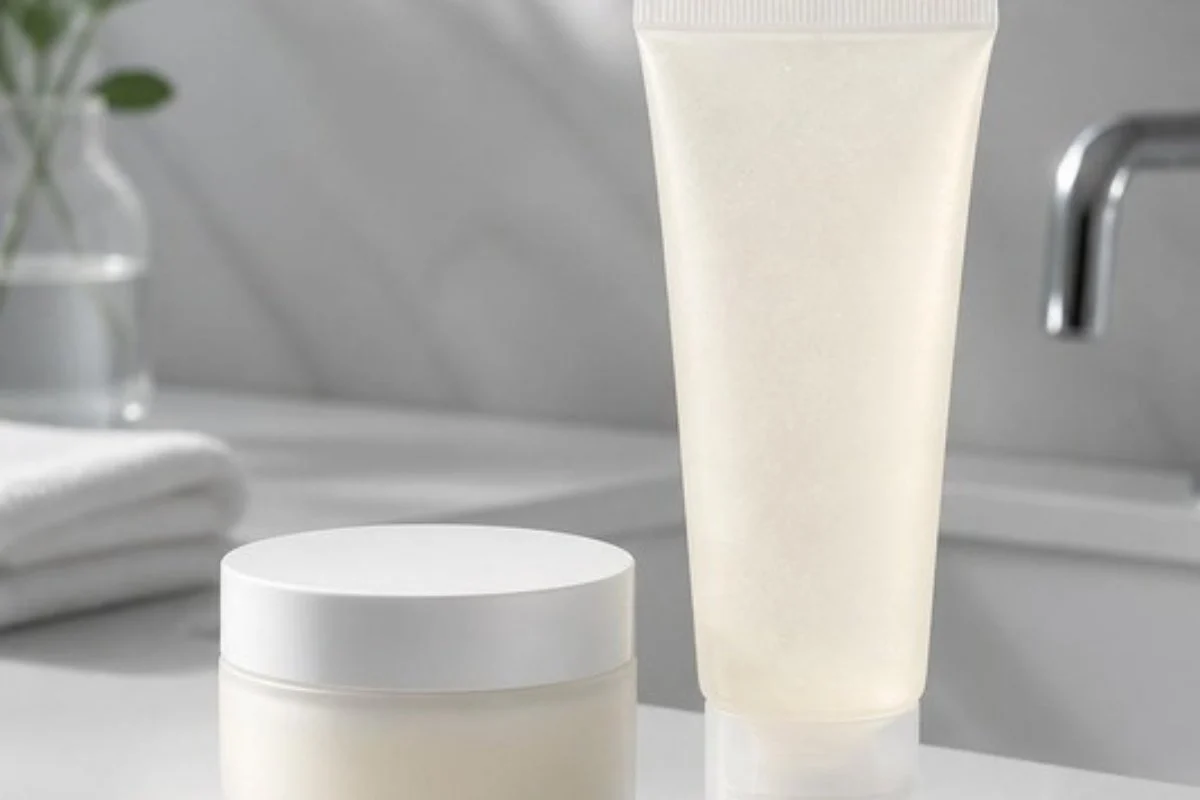 Double cleansing products: a cleansing balm jar and gel cleanser by a sink
