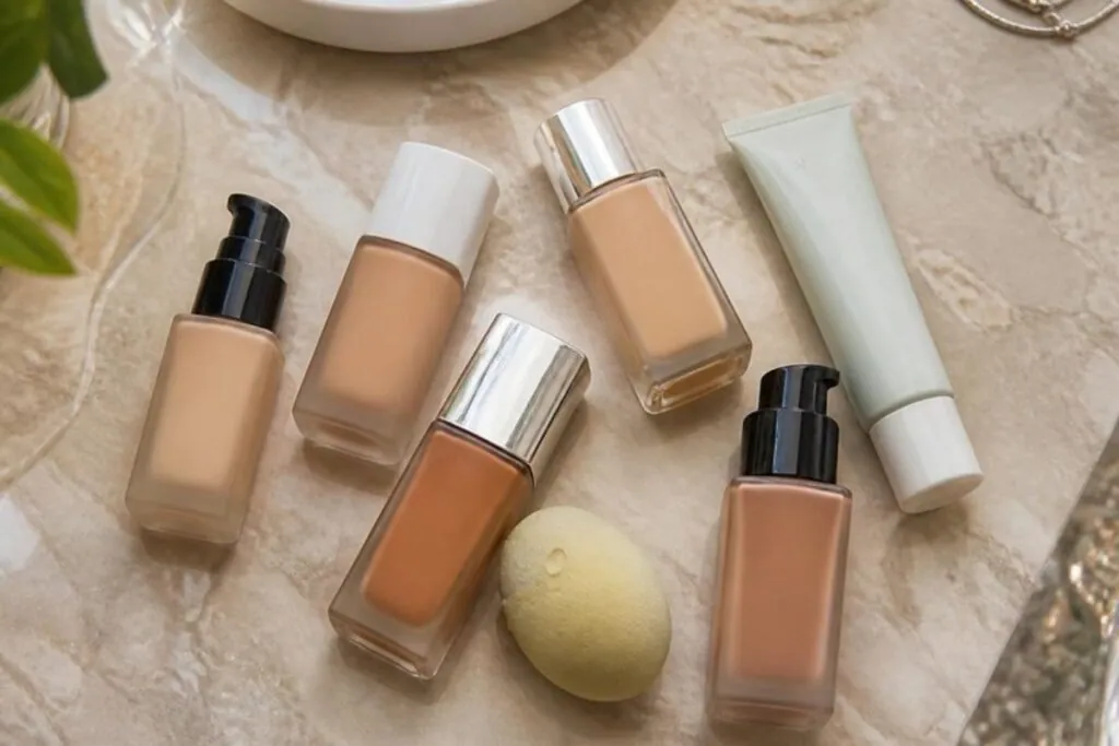 Liquid foundation bottles in warm and neutral shades with a makeup sponge, picking the best foundation for older skin