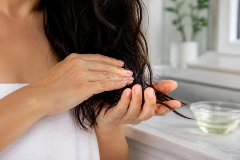 Hands smoothing coconut oil for hair through the lengths of long dark waves