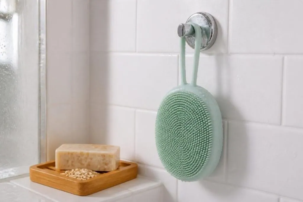Silicone exfoliating scrubber hanging in a white tiled shower beside a bar of soap