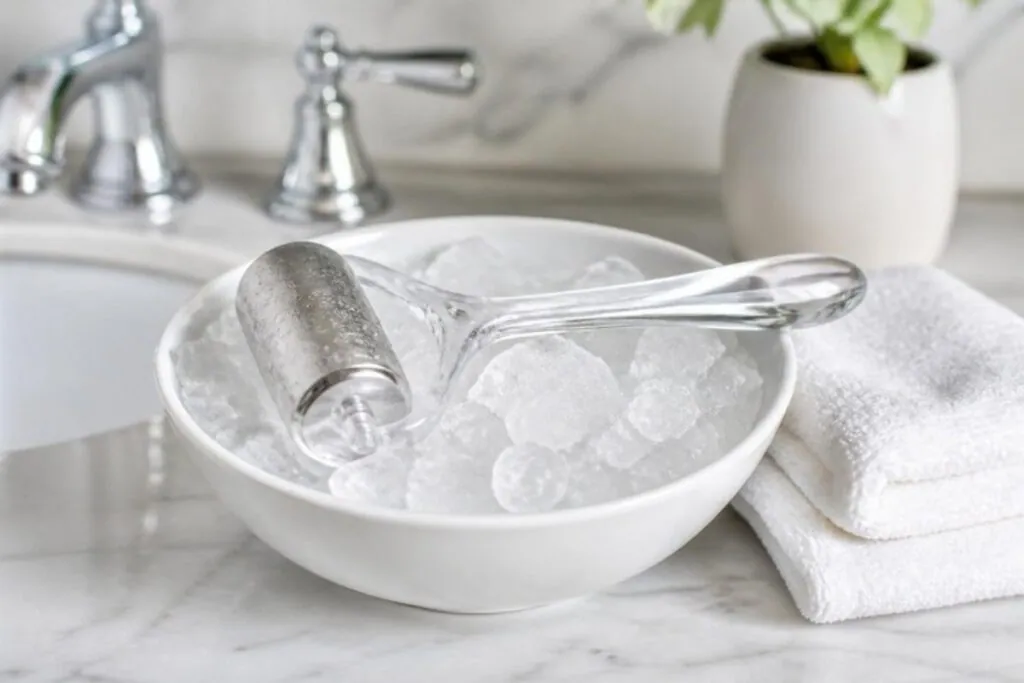 Steel ice roller for face chilling in a bowl of ice beside folded towels