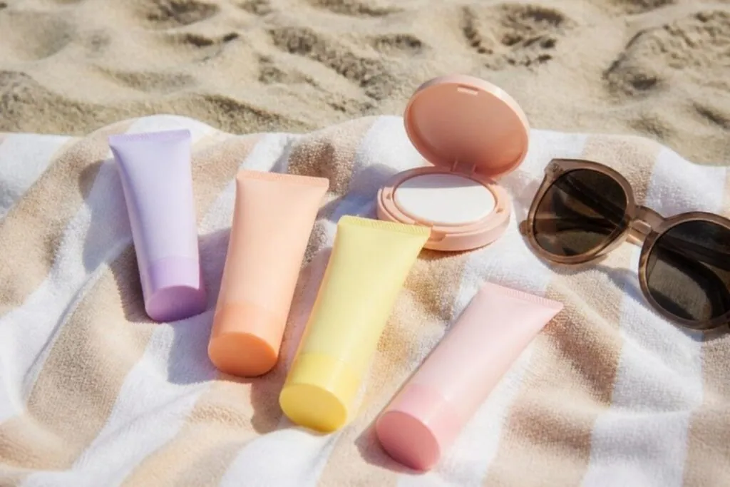 Pastel tubes of Korean sunscreens and a cushion compact on a beach towel with sunglasses