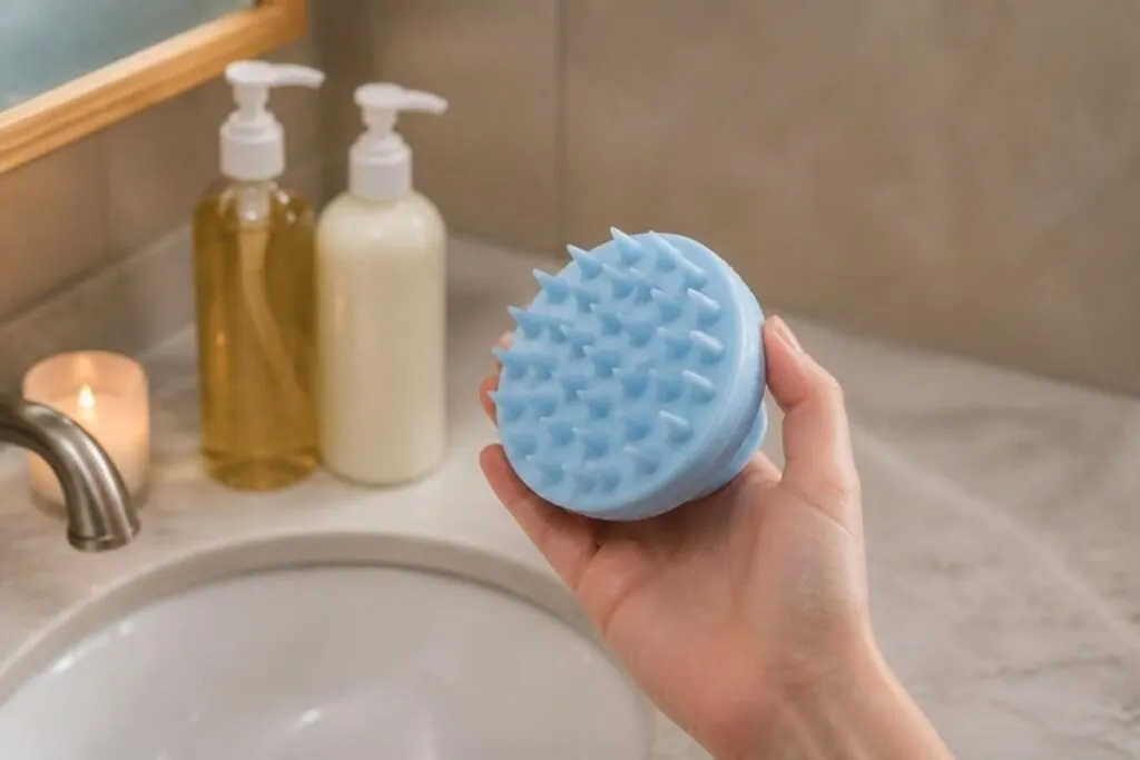 Hand holding a blue silicone scalp massager over a bathroom sink with shampoo and conditioner