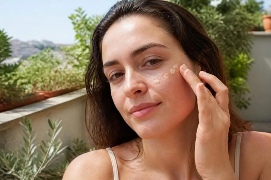 Woman dotting tinted SPF onto her cheek outdoors on a sunny balcony
